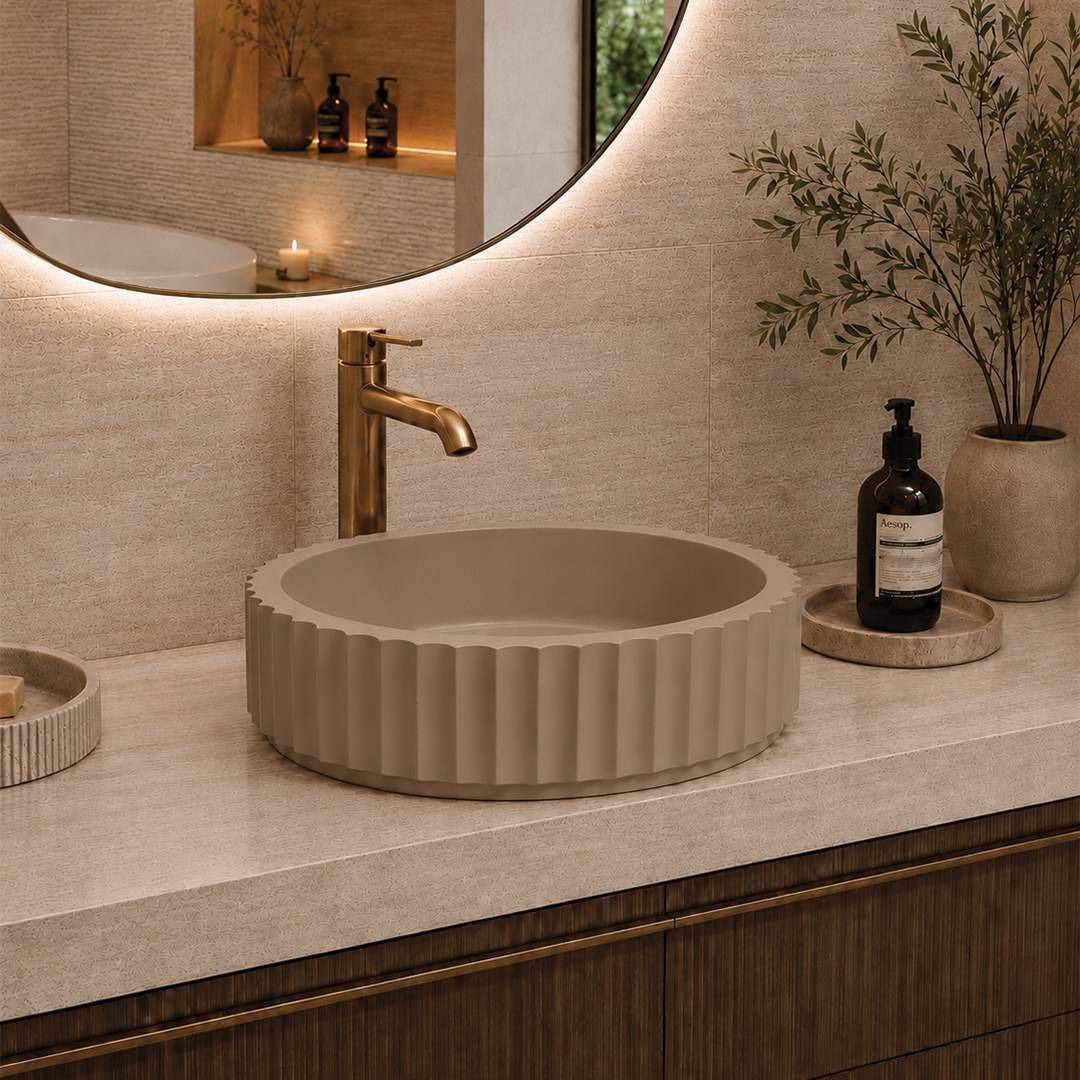 Elite Design Studio - 398x398x120mm Pietra Bianca - Briza Round Above Counter Basin Concaved Edge Biscuit (Solid)