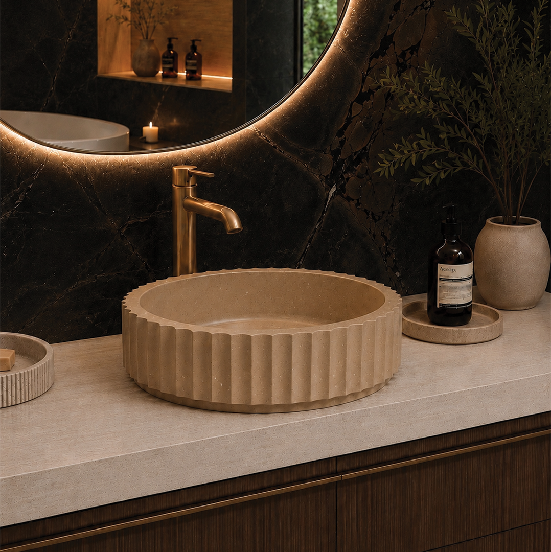 Elite Design Studio - 398x398x120mm Pietra Bianca - Briza Round Above Counter Basin Concaved Edge Butterscotch (Speckle)