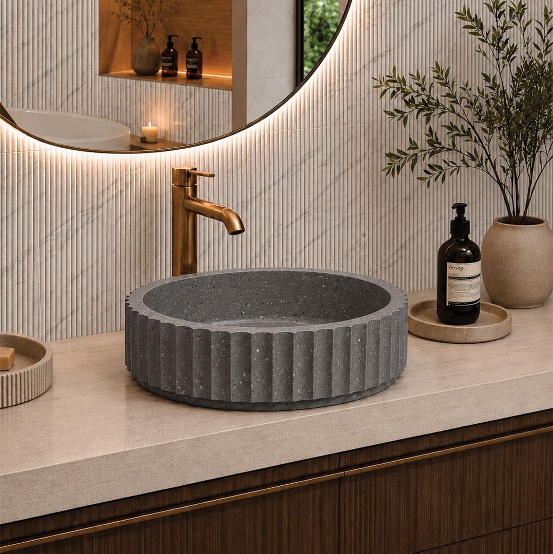 Elite Design Studio - 398x398x120mm Pietra Bianca - Briza Round Above Counter Basin Concaved Edge Charcoal (Speckle)
