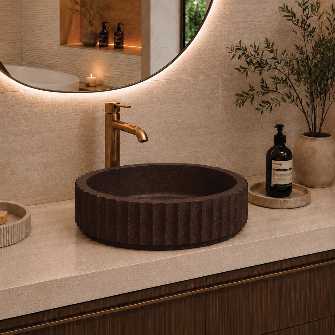 Elite Design Studio - 398x398x120mm Pietra Bianca - Briza Round Above Counter Basin Concaved Edge Coco Brown (Speckle)