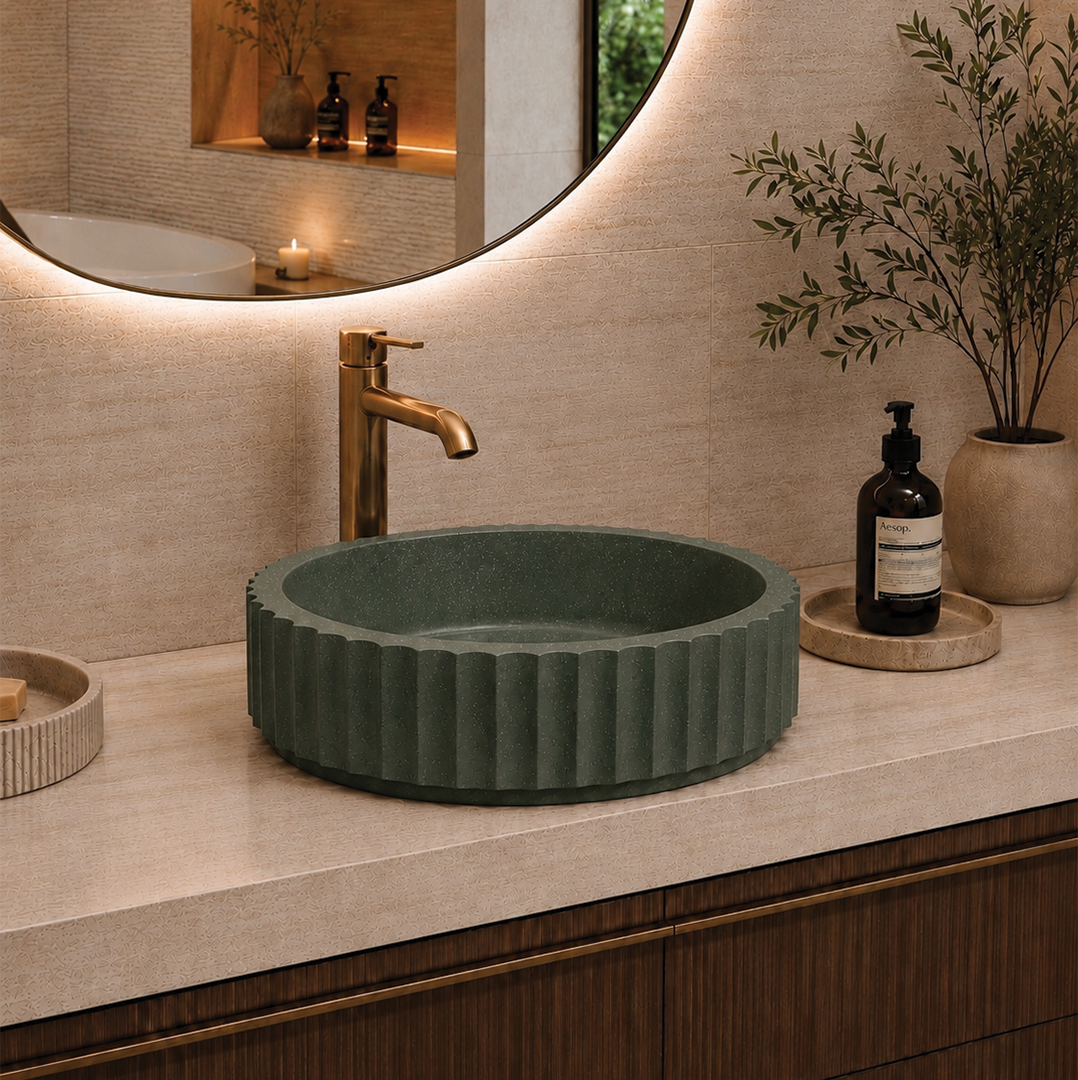 Elite Design Studio - 398x398x120mm Pietra Bianca - Briza Round Above Counter Basin Concaved Edge Forest Fern (Speckle)