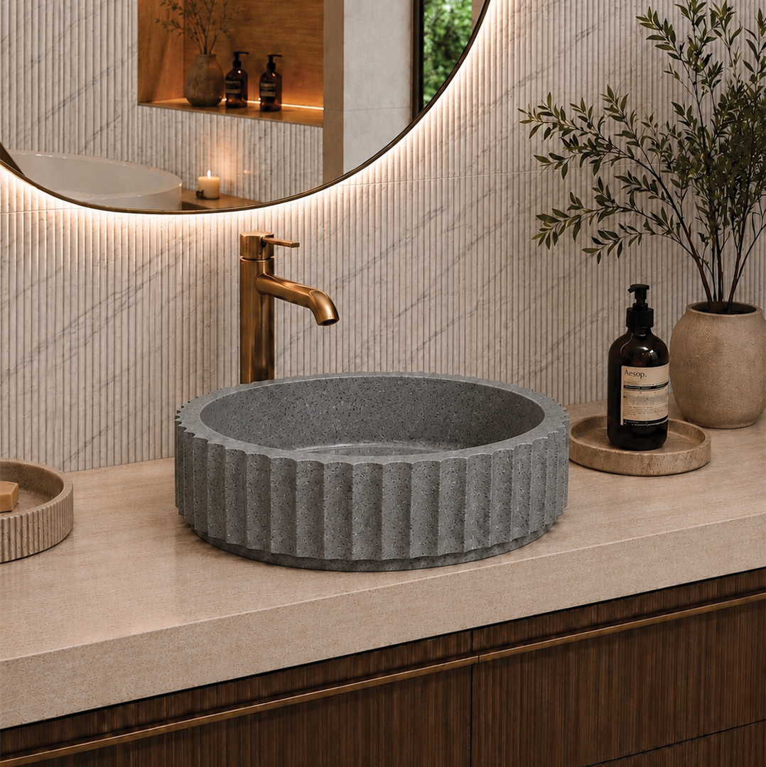 Elite Design Studio - 398x398x120mm Pietra Bianca - Briza Round Above Counter Basin Concaved Edge Grey Onyx (Speckle)