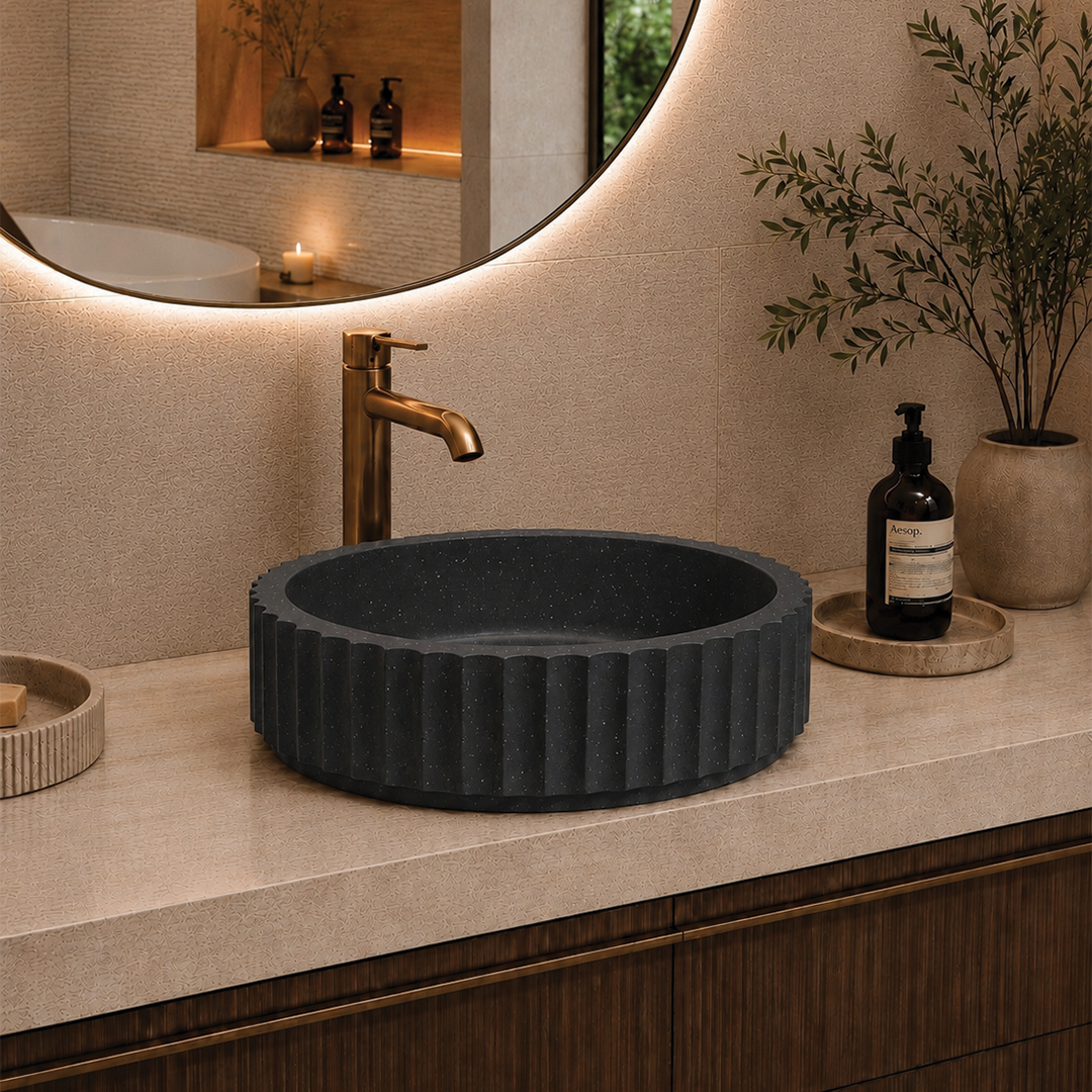 Elite Design Studio - 398x398x120mm Pietra Bianca - Briza Round Above Counter Basin Concaved Edge Liquorice (Speckle)