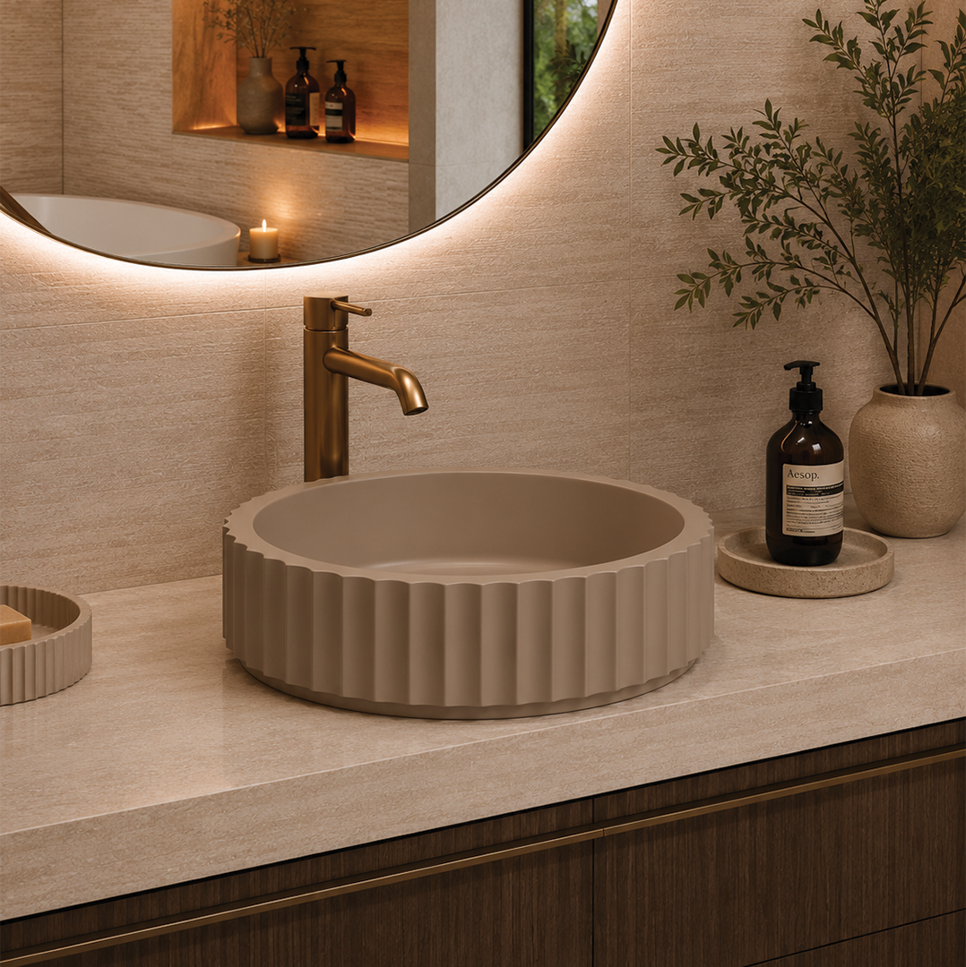 Elite Design Studio - 398x398x120mm Pietra Bianca - Briza Round Above Counter Basin Concaved Edge Mushroom (Speckle)