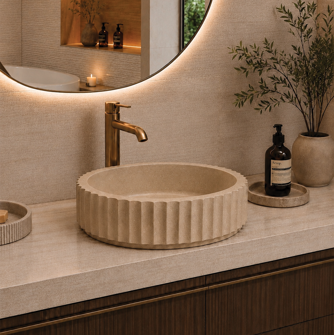 Elite Design Studio - 398x398x120mm Pietra Bianca - Briza Round Above Counter Basin Concaved Edge Sandstone (Speckle)