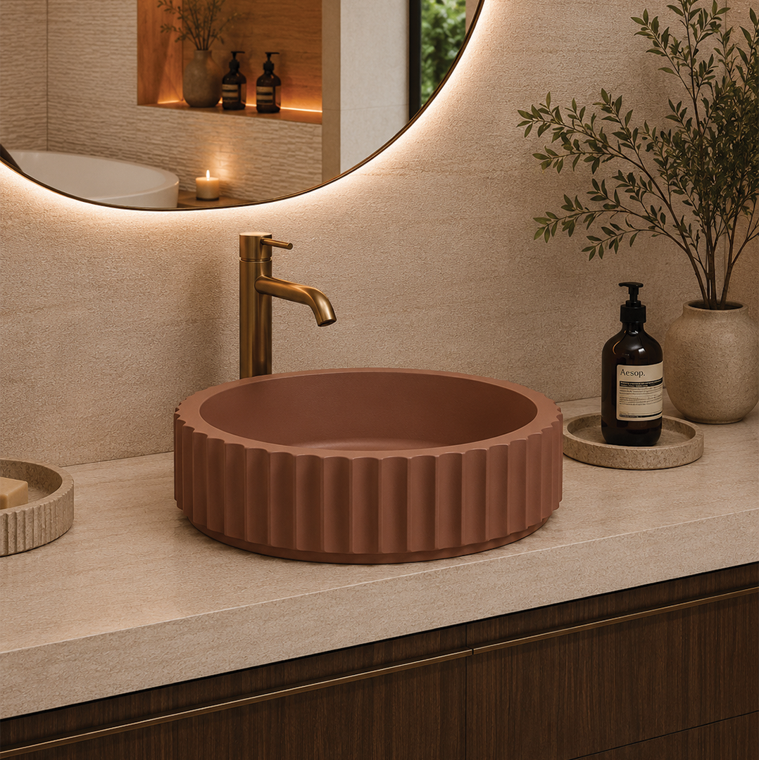 Elite Design Studio - 398x398x120mm Pietra Bianca - Briza Round Above Counter Basin Concaved Edge Terracotta (Solid)