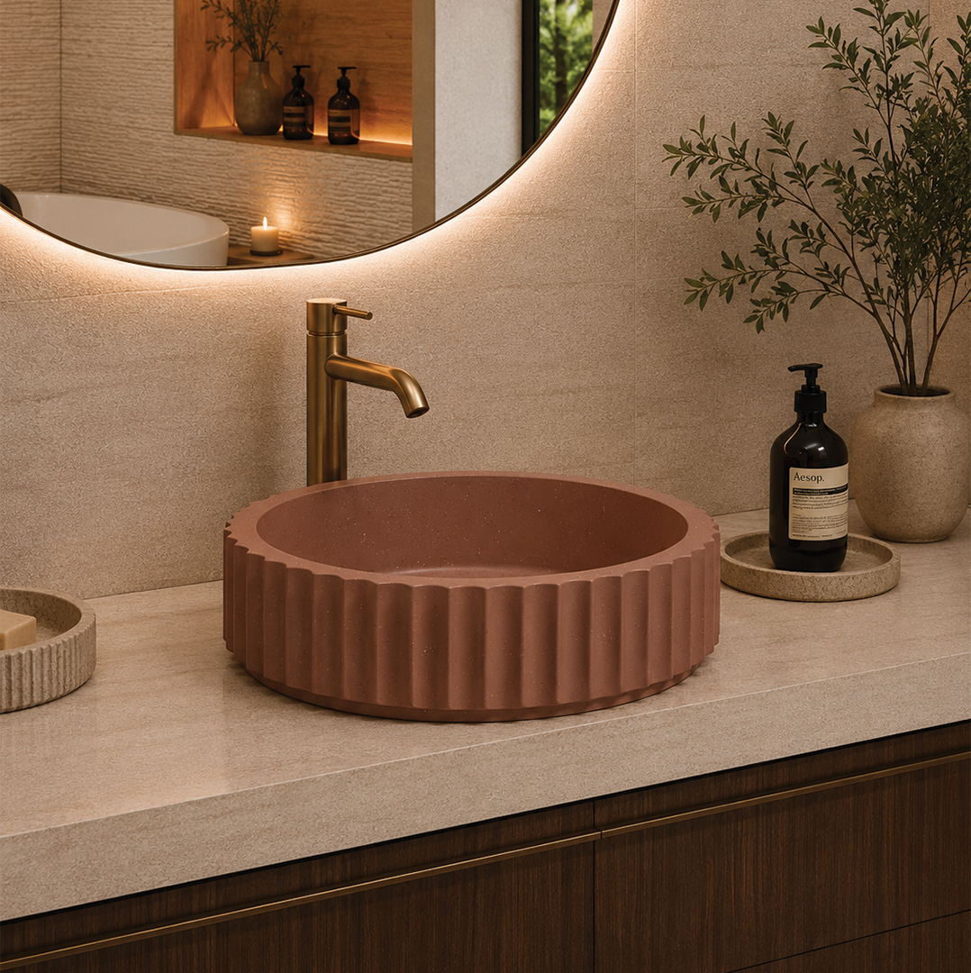 Elite Design Studio - 398x398x120mm Pietra Bianca - Briza Round Above Counter Basin Concaved Edge Terracotta (Speckle)