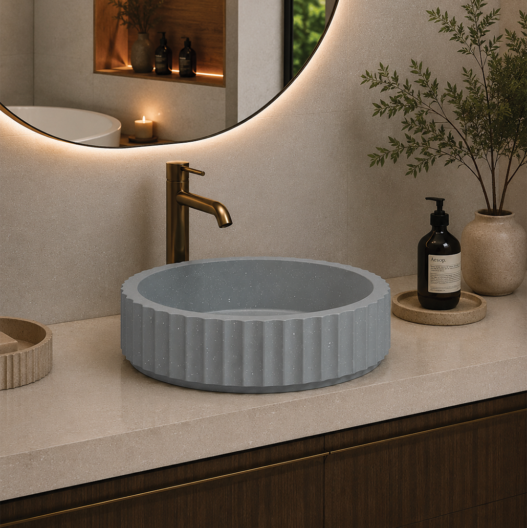Elite Design Studio - 398x398x120mm Pietra Bianca - Briza Round Above Counter Basin Concaved Edge Whisper Grey (Speckle)