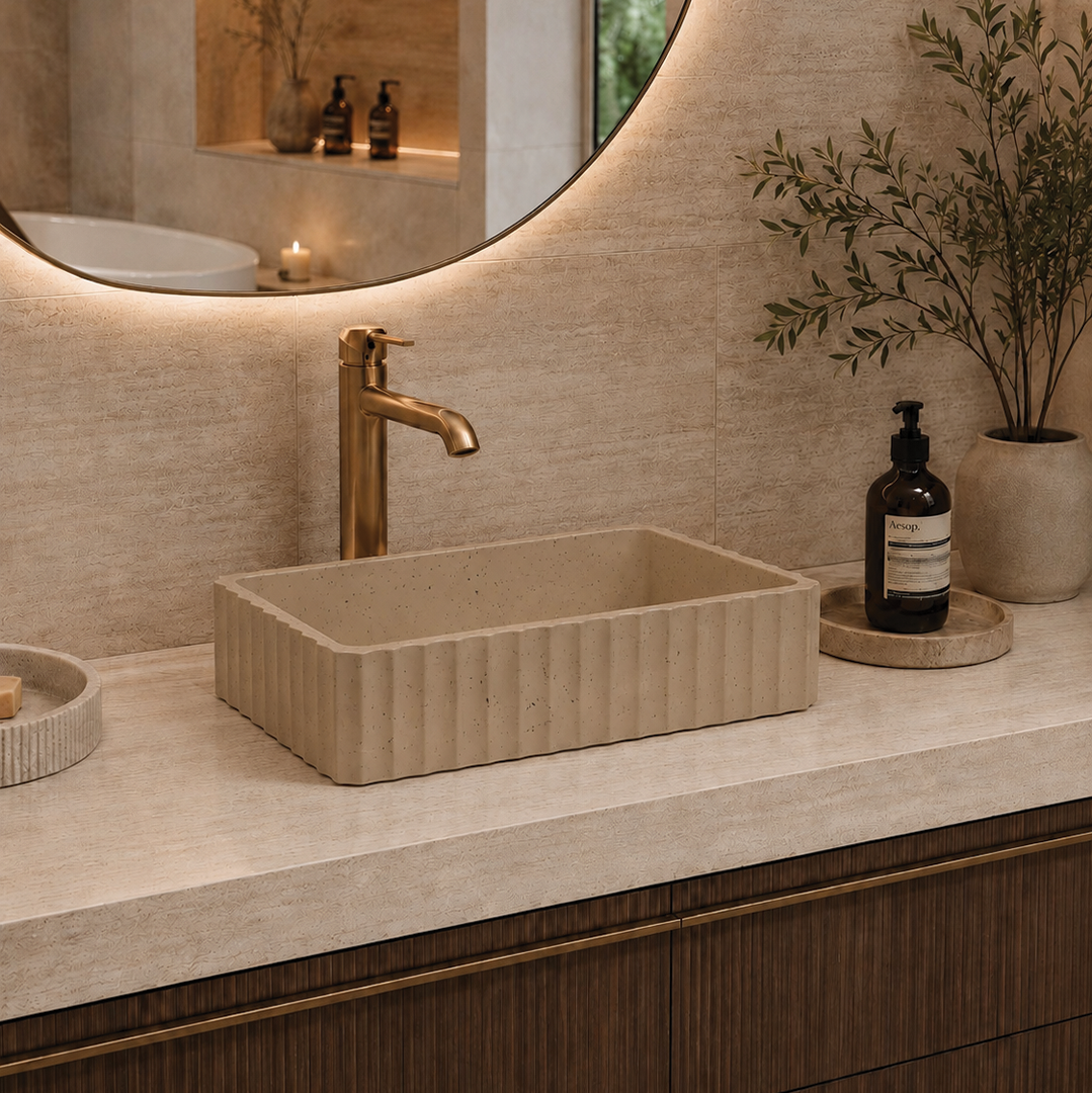 Elite Design Studio - 500x300x120mm Pietra Bianca - Briza Rectangular Above Counter Basin Concaved Edge Biscuit (Speckle)