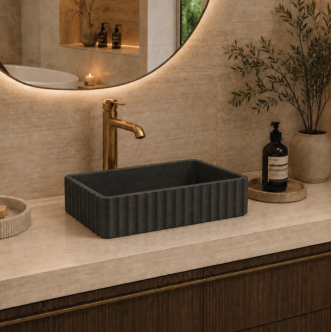 Elite Design Studio - 500x300x120mm Pietra Bianca - Briza Rectangular Above Counter Basin Concaved Edge Black (Speckle)