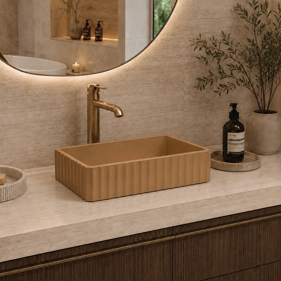 Elite Design Studio - 500x300x120mm Pietra Bianca - Briza Rectangular Above Counter Basin Concaved Edge Butterscotch (Solid)