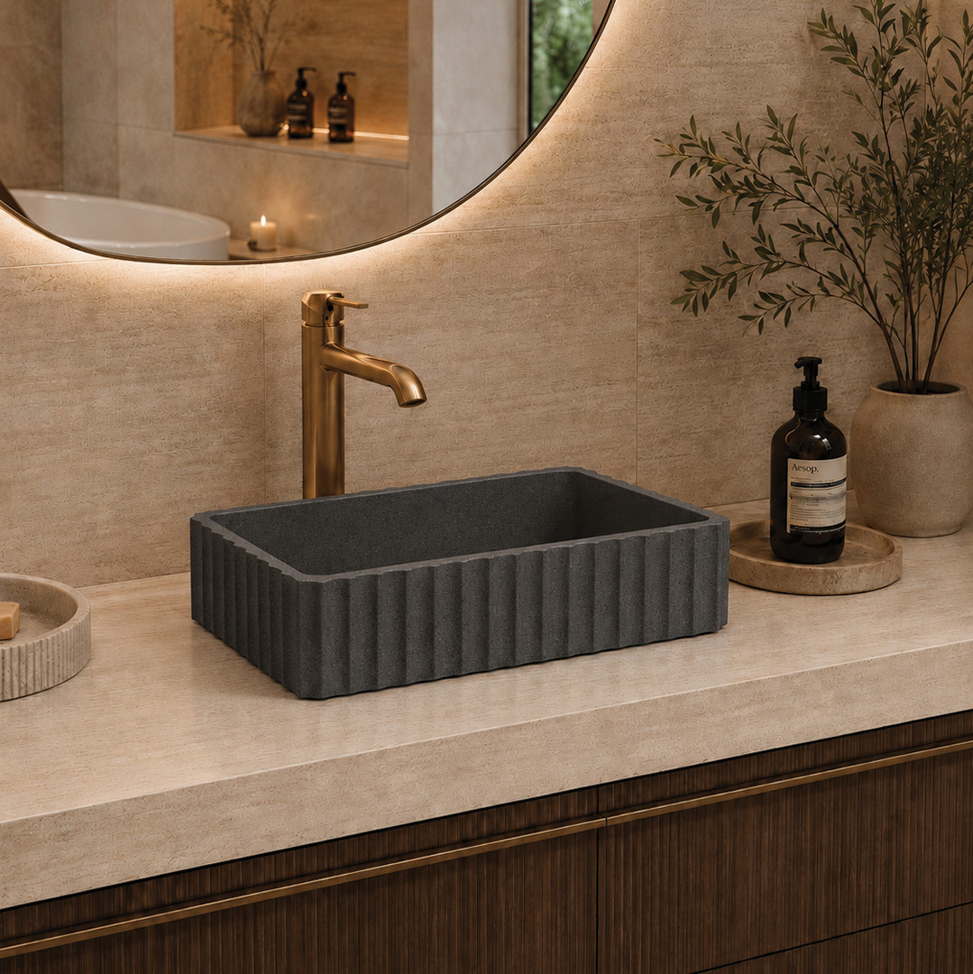 Elite Design Studio - 500x300x120mm Pietra Bianca - Briza Rectangular Above Counter Basin Concaved Edge Charcoal (Speckle)