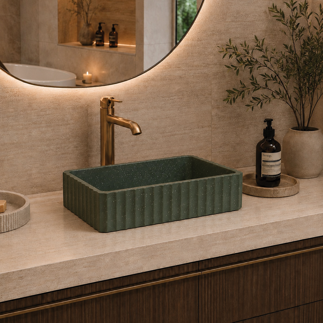 Elite Design Studio - 500x300x120mm Pietra Bianca - Briza Rectangular Above Counter Basin Concaved Edge Forest Fern (Speckle)