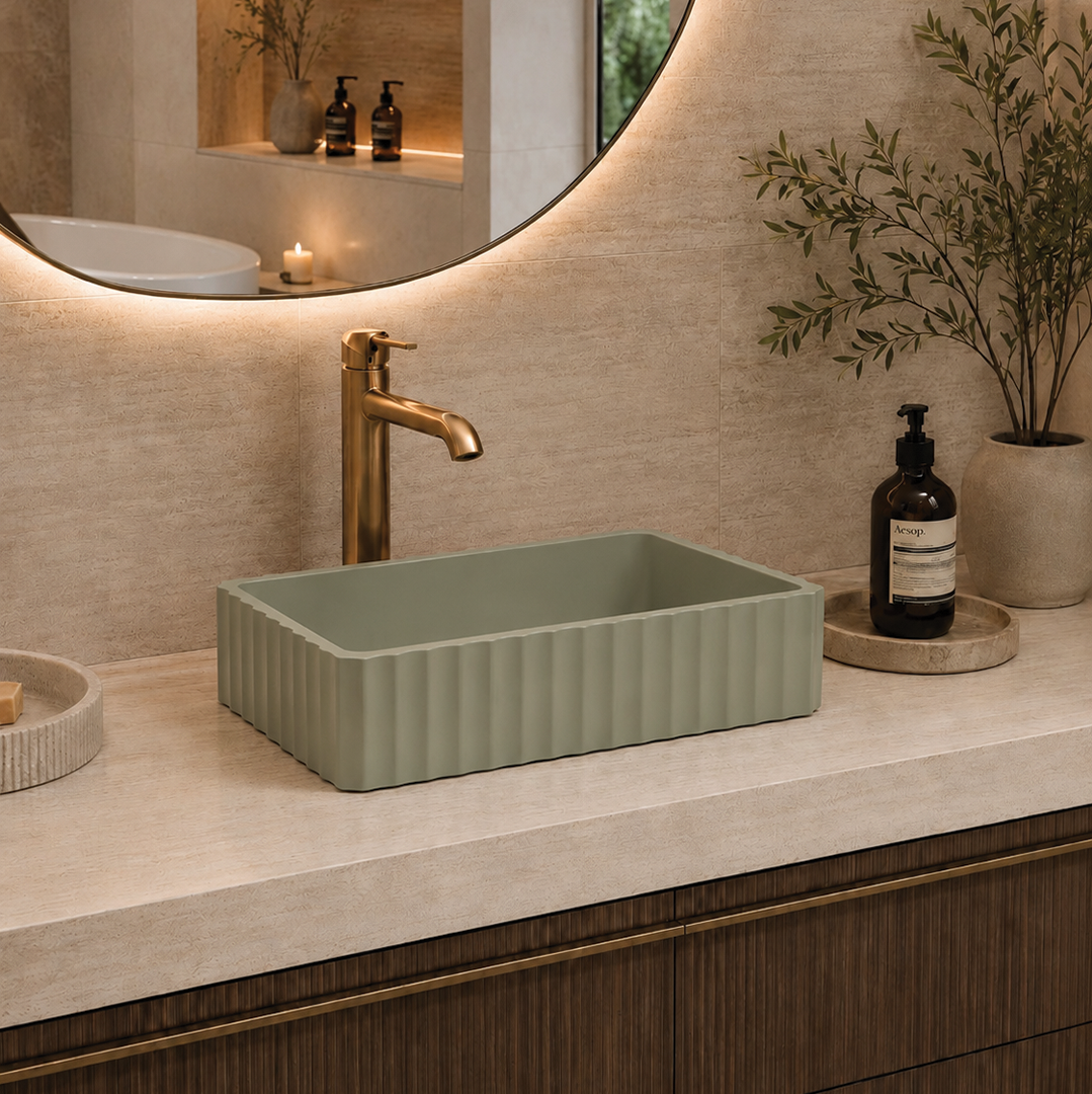 Elite Design Studio - 500x300x120mm Pietra Bianca - Briza Rectangular Above Counter Basin Concaved Edge Matcha (Solid)