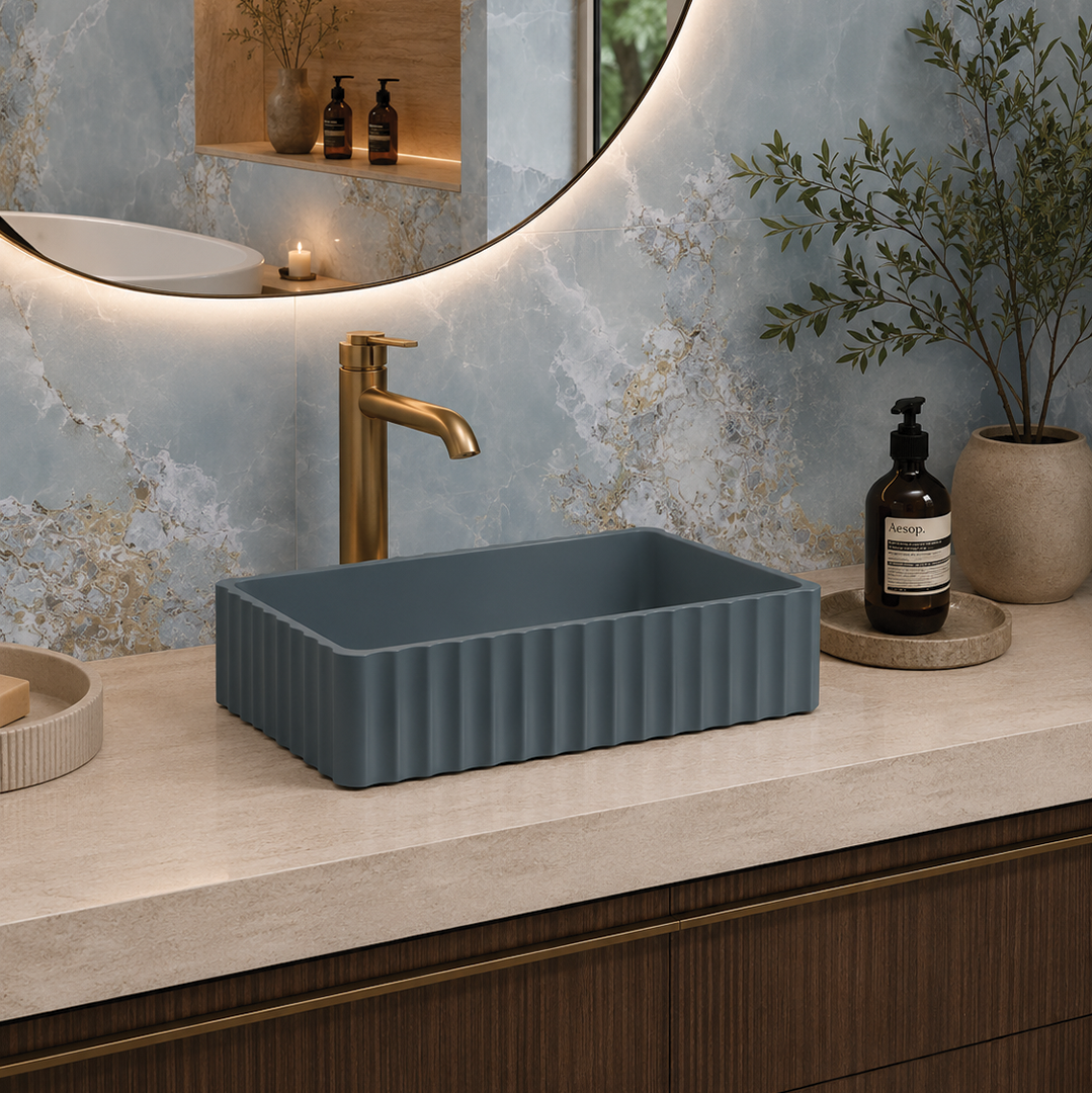 Elite Design Studio - 500x300x120mm Pietra Bianca - Briza Rectangular Above Counter Basin Concaved Edge Ocean Spray (Solid)