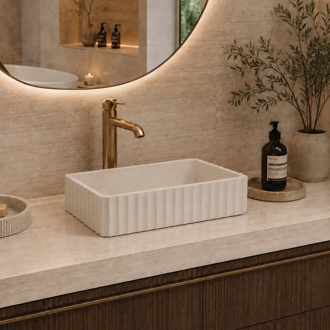 Elite Design Studio - 500x300x120mm Pietra Bianca - Briza Rectangular Above Counter Basin Concaved Edge Pebble (Speckle)