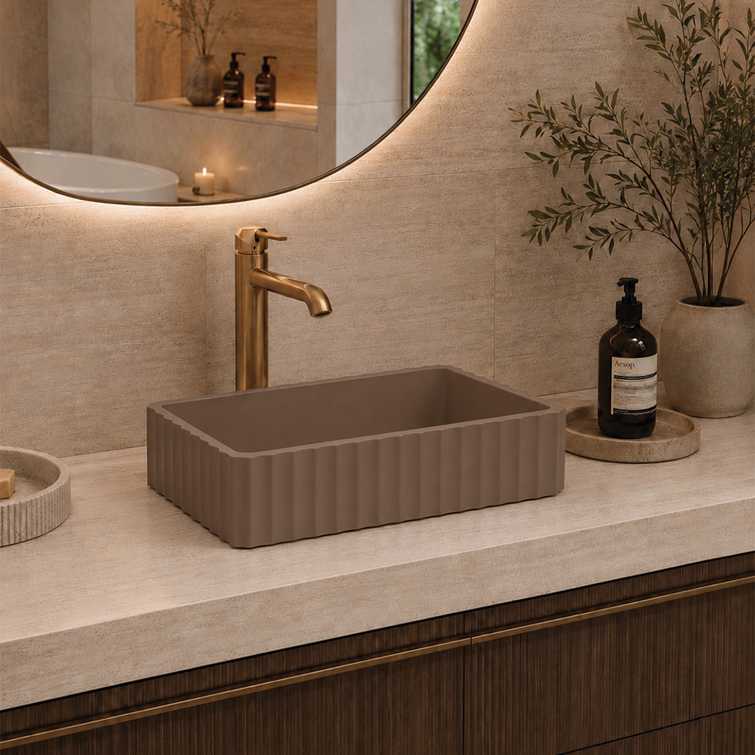 Elite Design Studio - 500x300x120mm Pietra Bianca - Briza Rectangular Above Counter Basin Concaved Edge Terracotta (Solid)