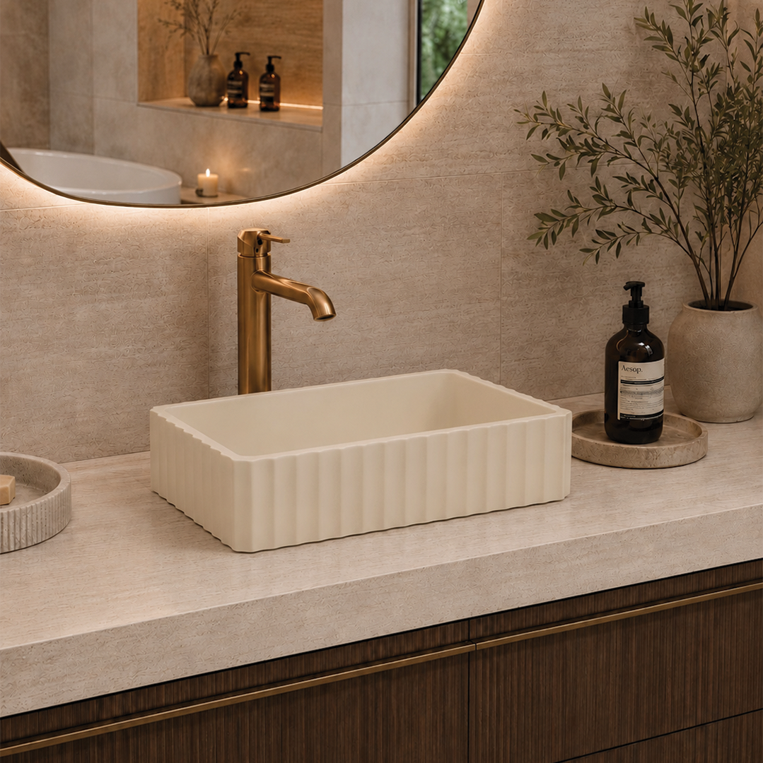 Elite Design Studio - 500x300x120mm Pietra Bianca - Briza Rectangular Above Counter Basin Concaved Edge Vanilla Bean (Solid)