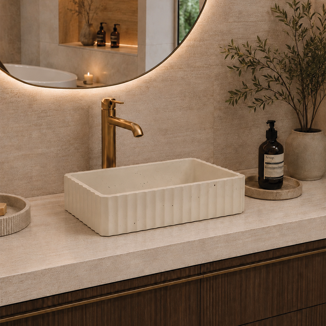 Elite Design Studio - 500x300x120mm Pietra Bianca - Briza Rectangular Above Counter Basin Concaved Edge Vanilla Bean (Speckle)