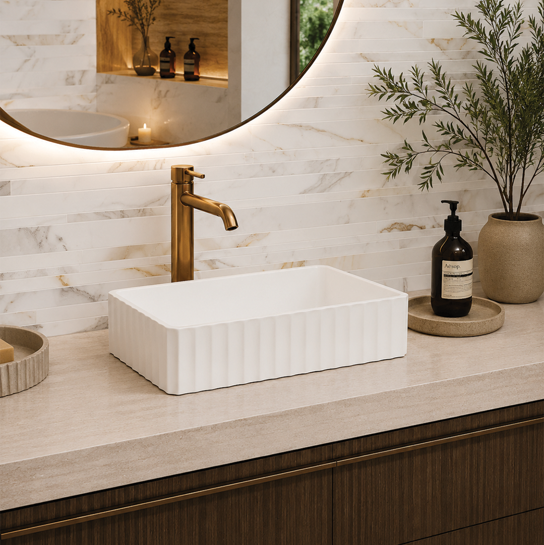 Elite Design Studio - 500x300x120mm Pietra Bianca - Briza Rectangular Above Counter Basin Concaved Edge White Matt Solid