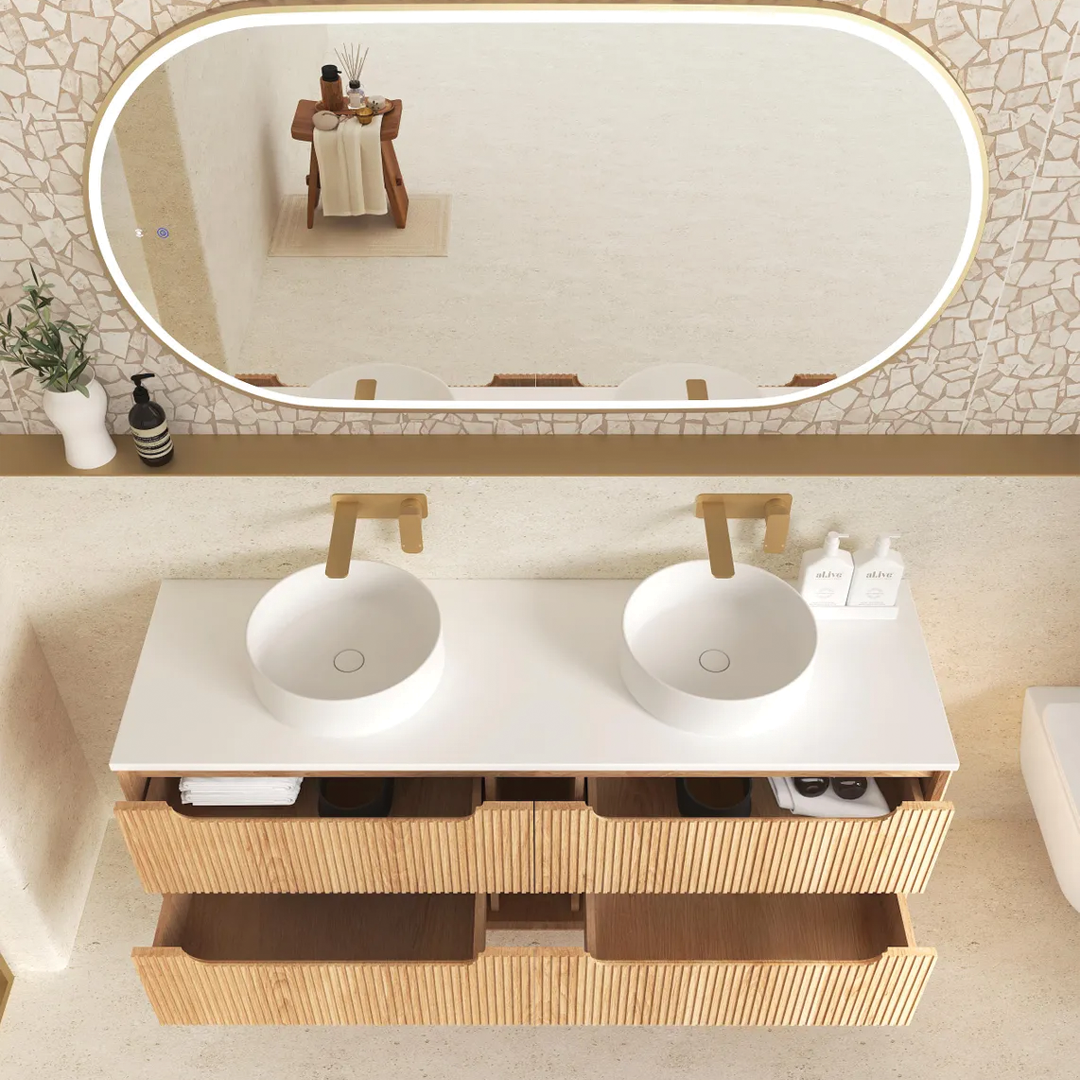 Otti - 1190wx550hx460d Byron Oak 1200mm Natural Oak Fluted Two Basins Wall Hung Vanity (Cabinet Only)