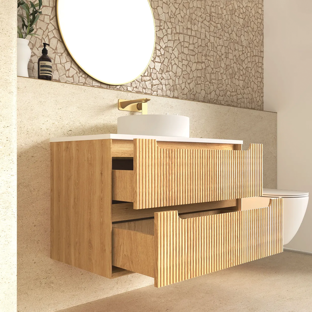 Otti - 890wx550hx460d Byron Oak 900mm Natural Oak Fluted Wall Hung Vanity (Cabinet Only)