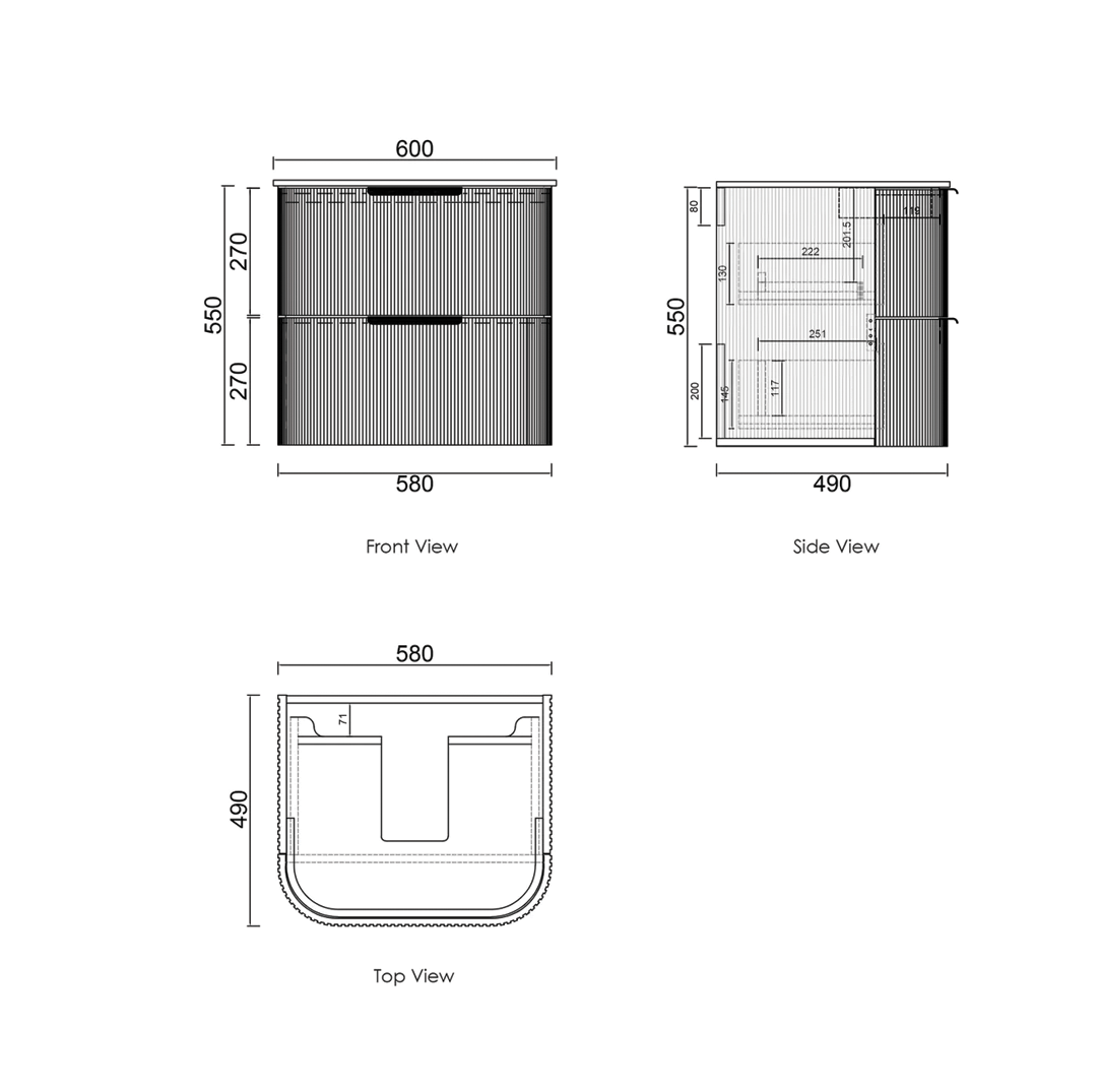 Otti - 580wx550hx490d Havana 600mm Woodland Oak Fluted Wall Hung Curve Vanity (Cabinet Only)