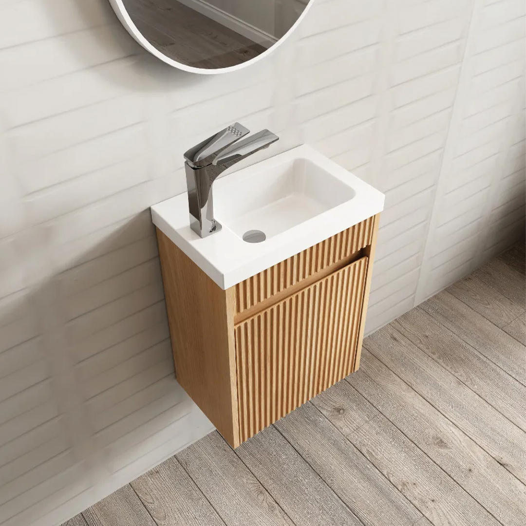 Otti - 390wx500hx250d Space Saver Vanity - Mini Ensuite Vanity Woodland Oak Fluted Vanity (with Basin)
