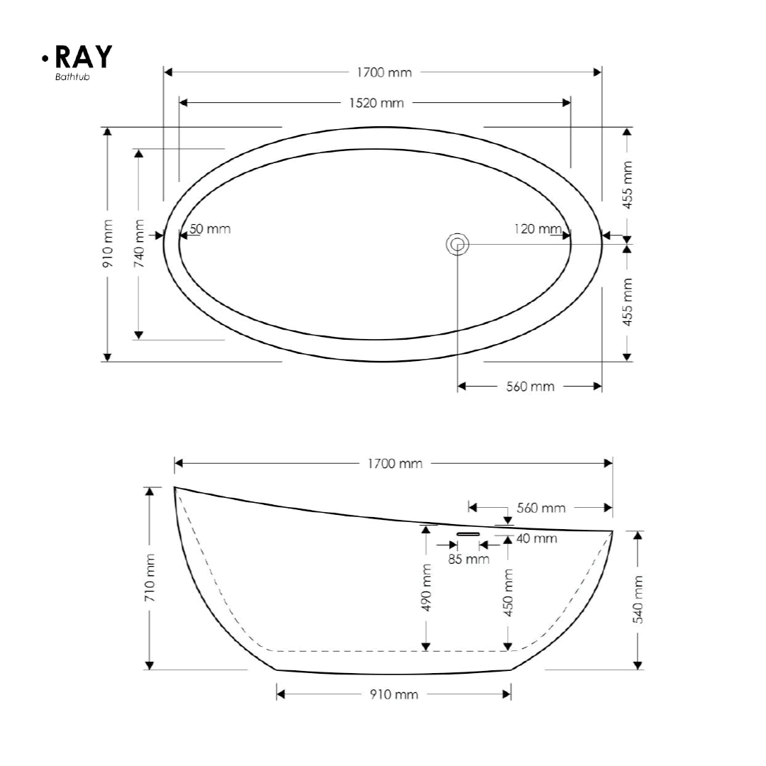 1700x910x710mm Madu Living - Ray Large Bath Black