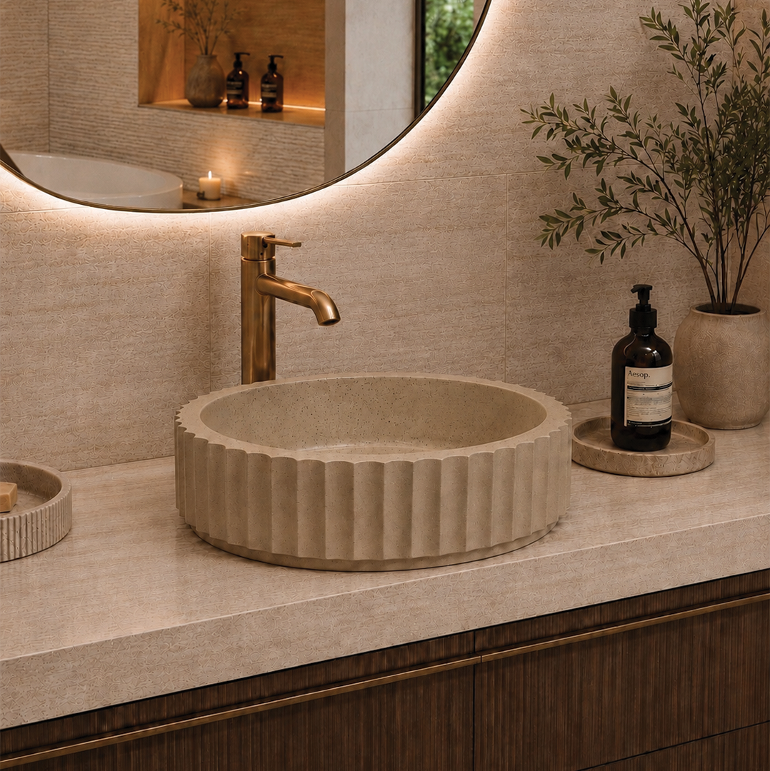 Elite Design Studio -  398x398x120mm Pietra Bianca - Briza Round Above Counter Basin Concaved Edge Biscuit (Speckle)