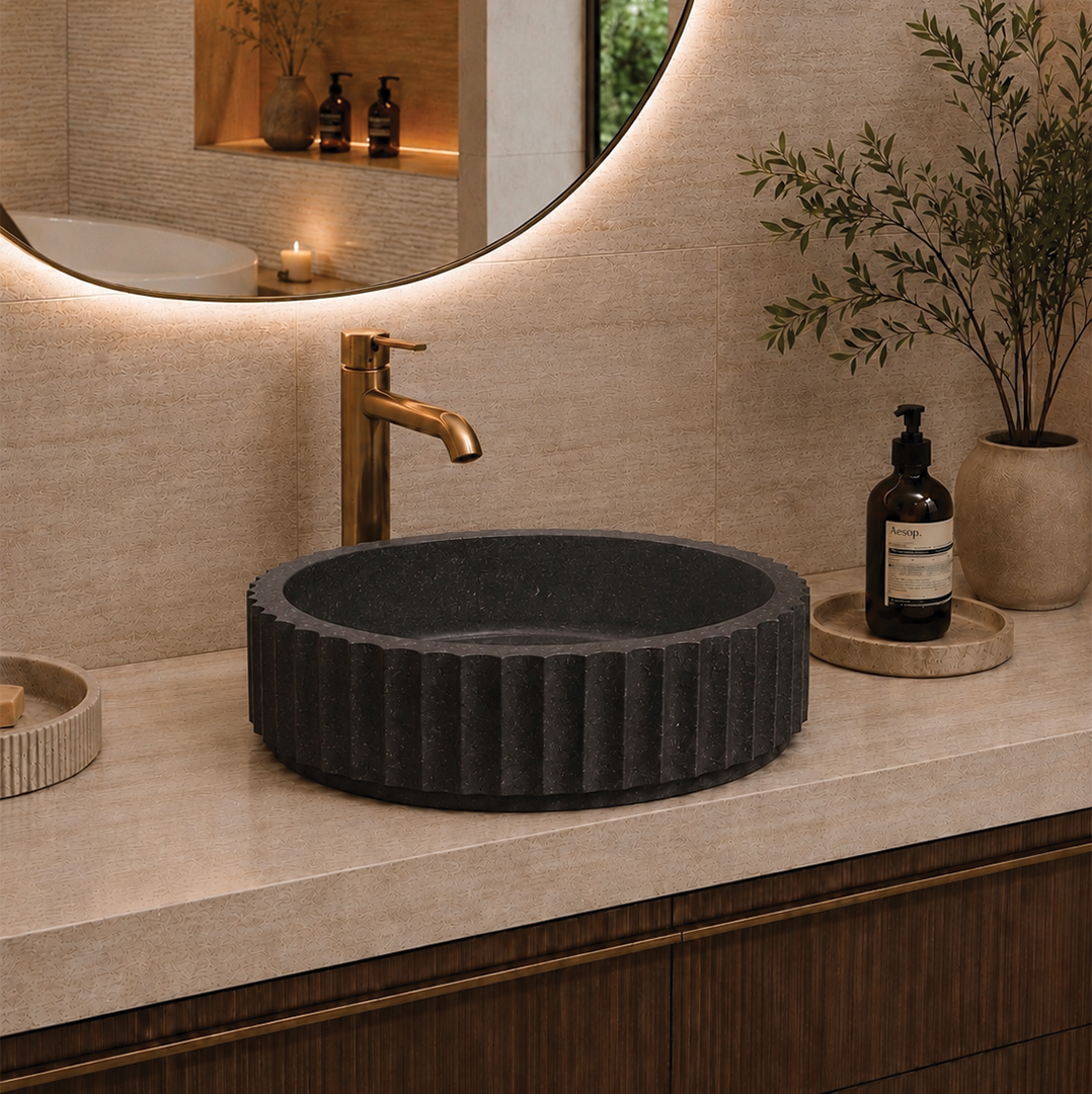 Elite Design Studio -  398x398x120mm Pietra Bianca - Briza Round Above Counter Basin Concaved Edge Black (Speckle)