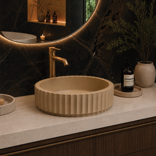 Elite Design Studio -  398x398x120mm Pietra Bianca - Briza Round Above Counter Basin Concaved Edge Butterscotch (Solid)
