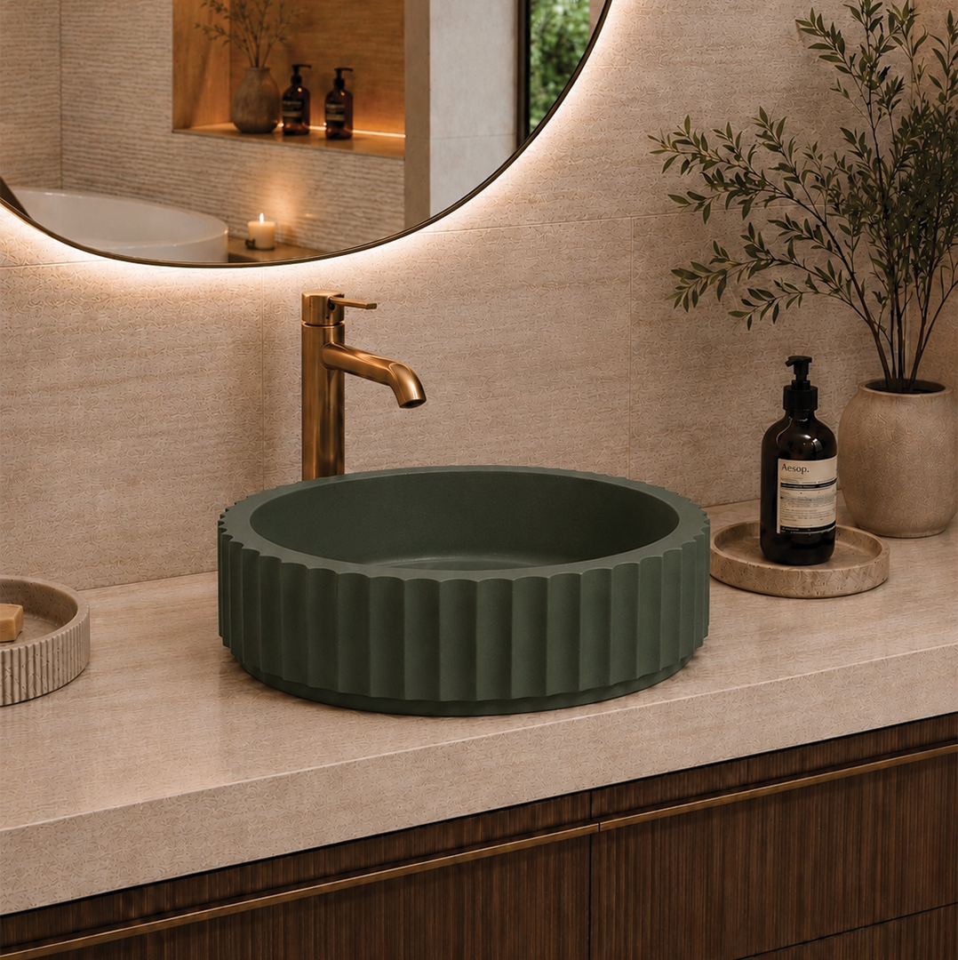 Elite Design Studio -  398x398x120mm Pietra Bianca - Briza Round Above Counter Basin Concaved Edge Forest Fern (Solid)