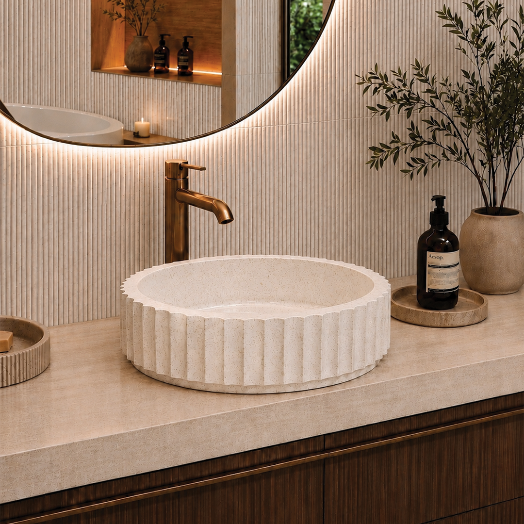 Elite Design Studio -  398x398x120mm Pietra Bianca - Briza Round Above Counter Basin Concaved Edge Ivory (Speckle)