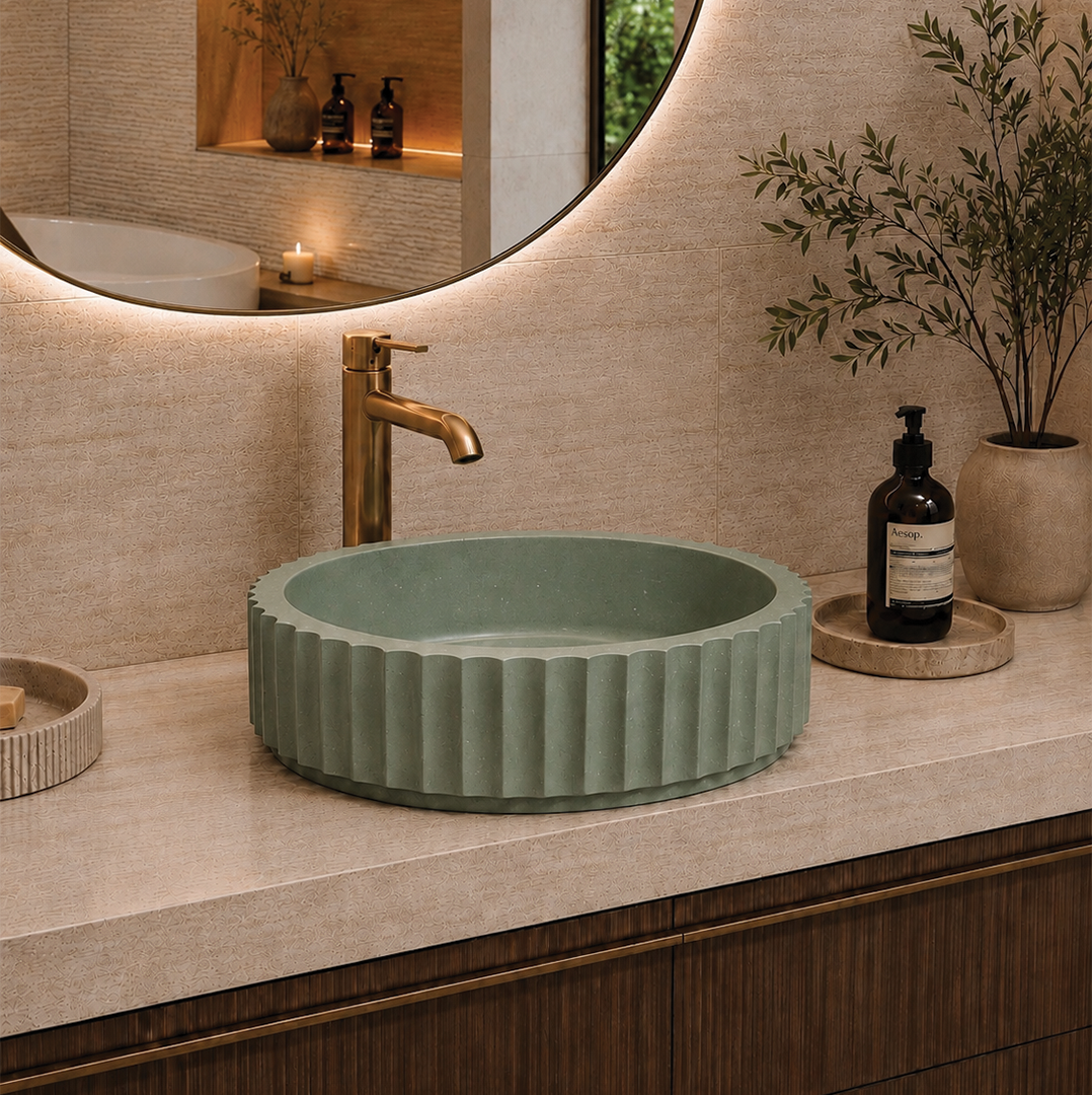 Elite Design Studio -  398x398x120mm Pietra Bianca - Briza Round Above Counter Basin Concaved Edge Matcha (Speckle)