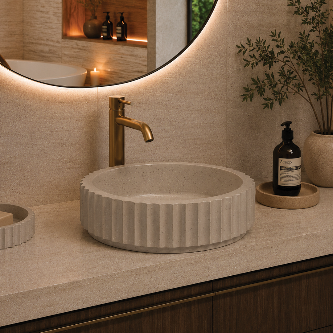 Elite Design Studio -  398x398x120mm Pietra Bianca - Briza Round Above Counter Basin Concaved Edge Misty Smoke (Speckle)