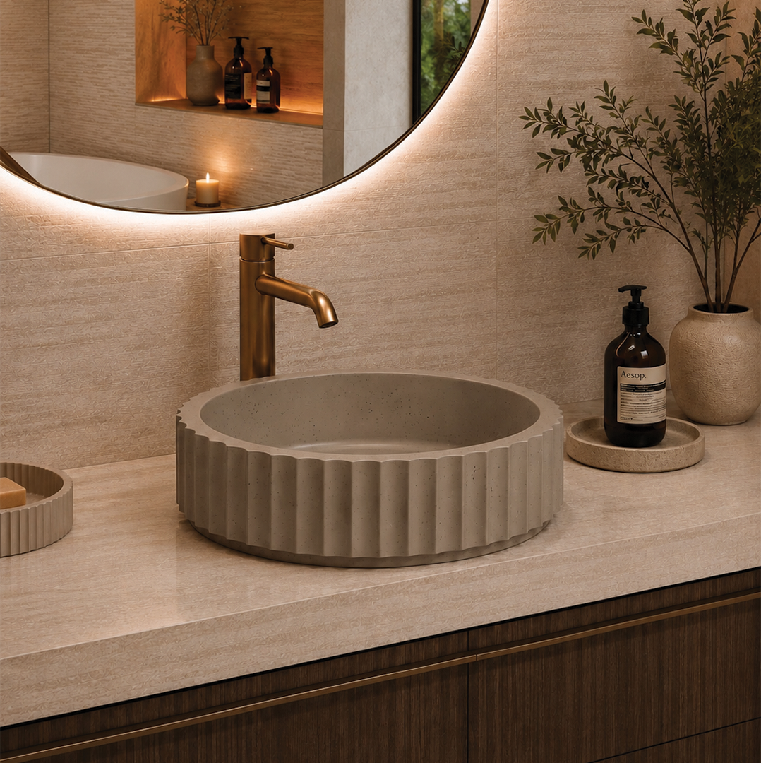 Elite Design Studio -  398x398x120mm Pietra Bianca - Briza Round Above Counter Basin Concaved Edge Mushroom (Speckle)