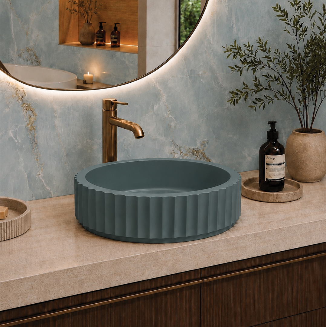 Elite Design Studio -  398x398x120mm Pietra Bianca - Briza Round Above Counter Basin Concaved Edge Ocean Spray (Solid)