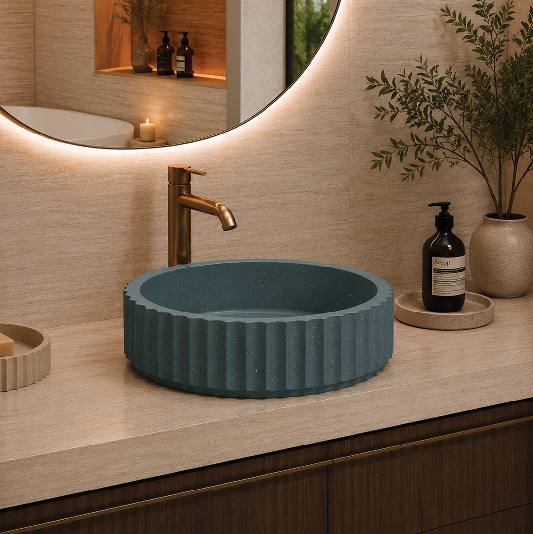 Elite Design Studio -  398x398x120mm Pietra Bianca - Briza Round Above Counter Basin Concaved Edge Ocean Spray (Speckle)