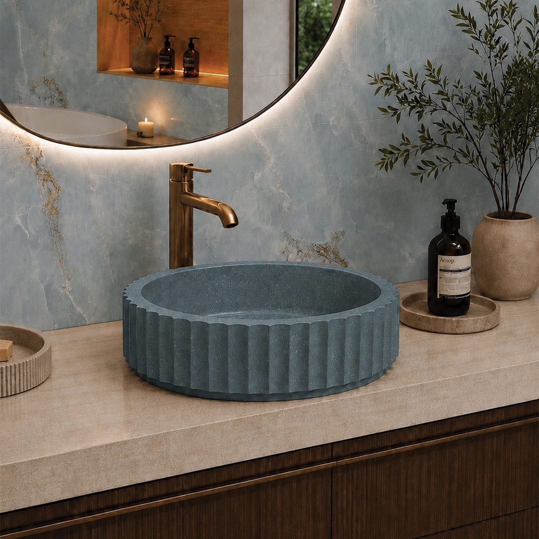 Elite Design Studio -  398x398x120mm Pietra Bianca - Briza Round Above Counter Basin Concaved Edge Ocean Spray (Speckle)