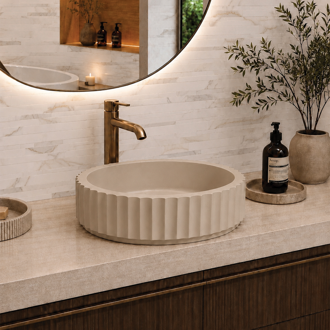 Elite Design Studio -  398x398x120mm Pietra Bianca - Briza Round Above Counter Basin Concaved Edge Pebble (Solid)