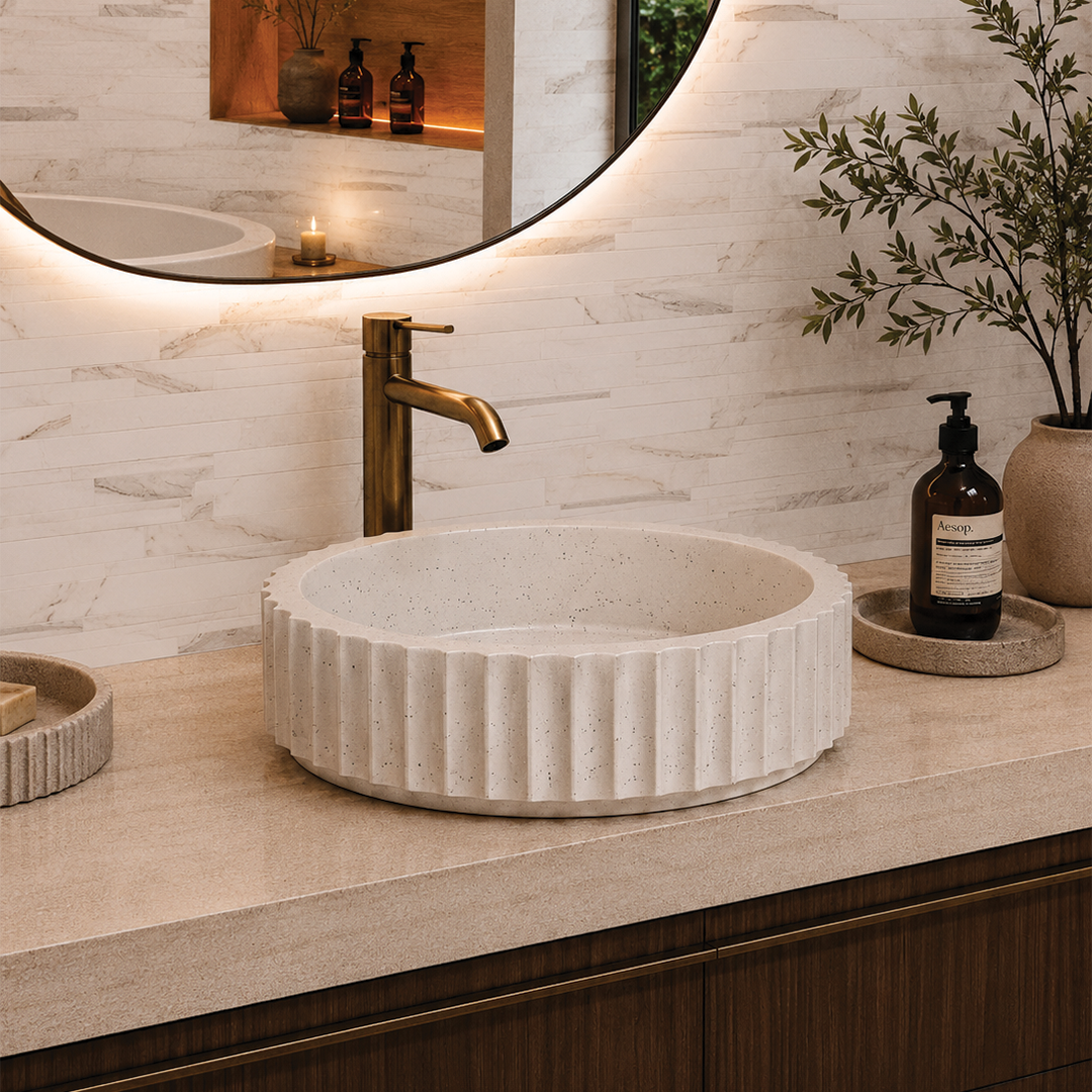 Elite Design Studio -  398x398x120mm Pietra Bianca - Briza Round Above Counter Basin Concaved Edge Pebble (Speckle)