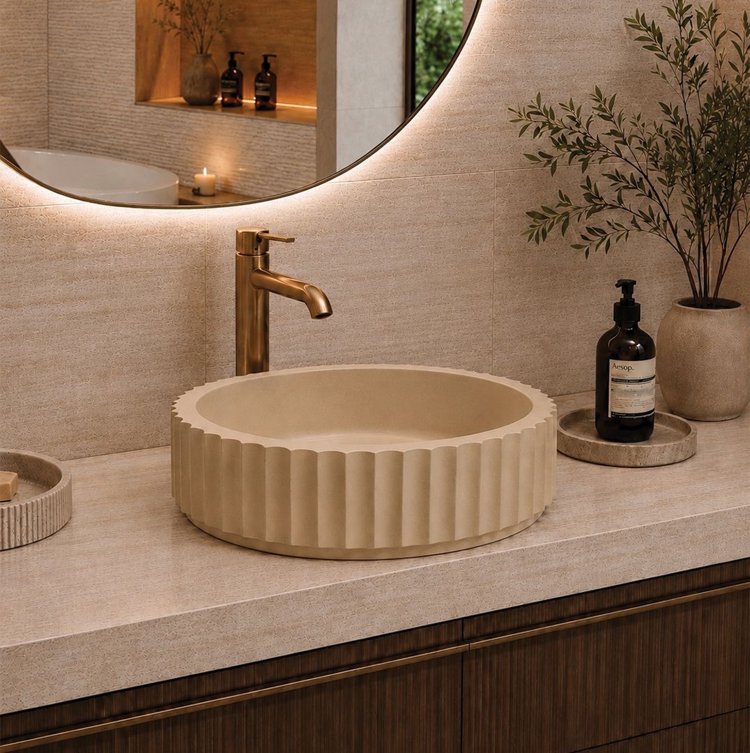 Elite Design Studio -  398x398x120mm Pietra Bianca - Briza Round Above Counter Basin Concaved Edge Sandstone (Solid)