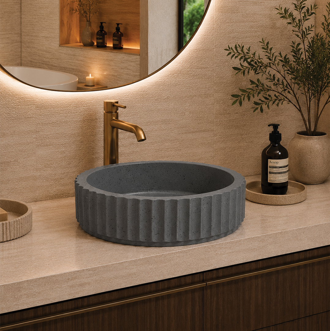 Elite Design Studio -  398x398x120mm Pietra Bianca - Briza Round Above Counter Basin Concaved Edge Storm Grey (Speckle)