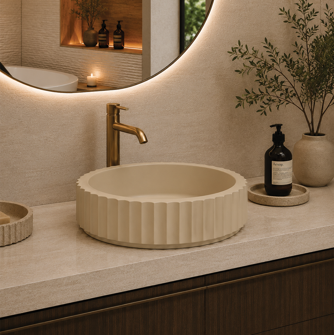 Elite Design Studio -  398x398x120mm Pietra Bianca - Briza Round Above Counter Basin Concaved Edge Vanilla Bean (Solid)