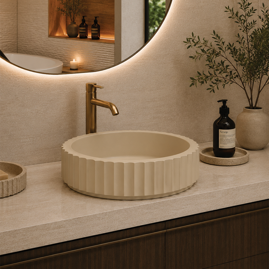 Elite Design Studio -  398x398x120mm Pietra Bianca - Briza Round Above Counter Basin Concaved Edge Vanilla Bean (Solid)