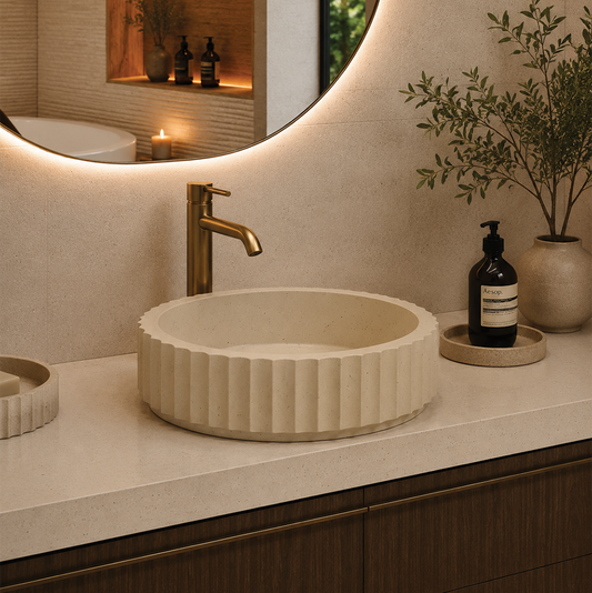 Elite Design Studio -  398x398x120mm Pietra Bianca - Briza Round Above Counter Basin Concaved Edge Vanilla Bean (Speckle)