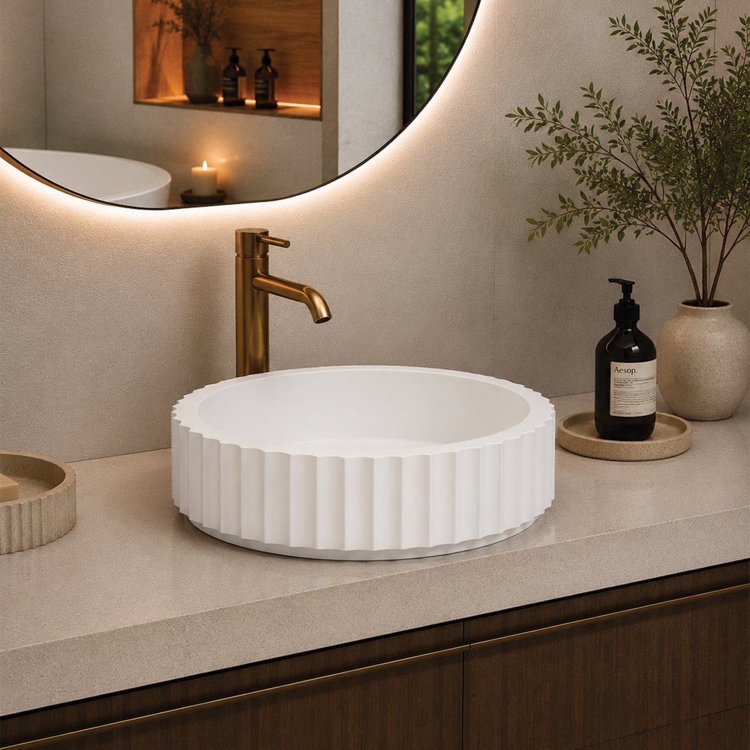 Elite Design Studio -  398x398x120mm Pietra Bianca - Briza Round Above Counter Basin Concaved Edge White Matt (Solid)