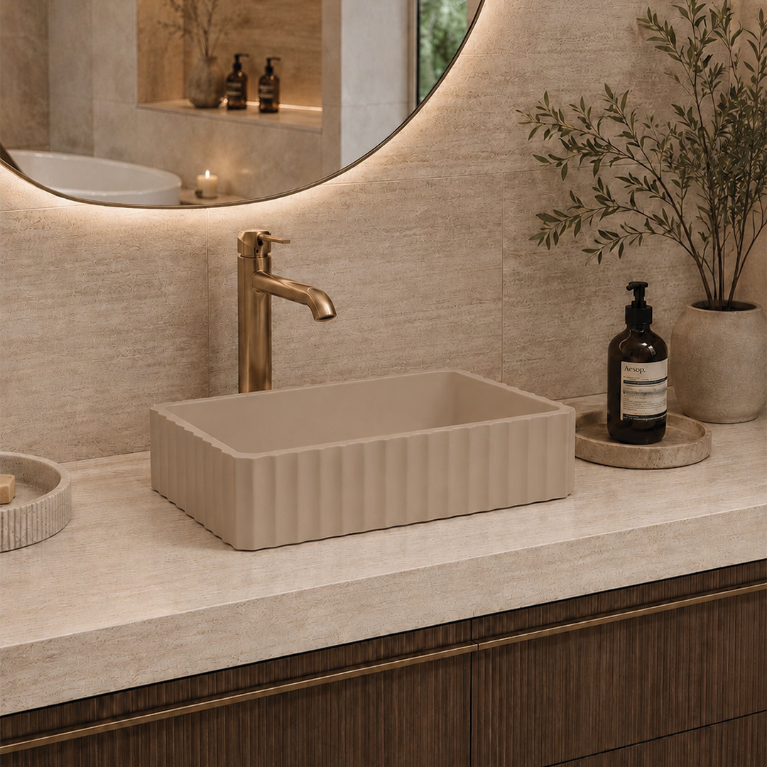 Elite Design Studio -  500x300x120mm Pietra Bianca - Briza Rectangular Above Counter Basin Concaved Edge Biscuit (Solid)