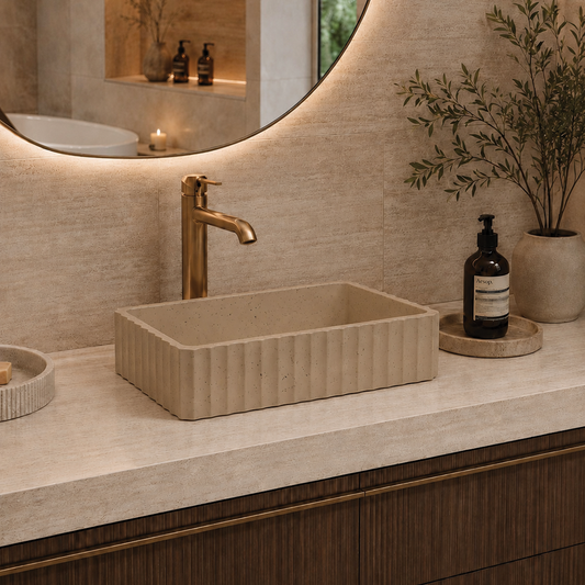 Elite Design Studio -  500x300x120mm Pietra Bianca - Briza Rectangular Above Counter Basin Concaved Edge Biscuit (Speckle)